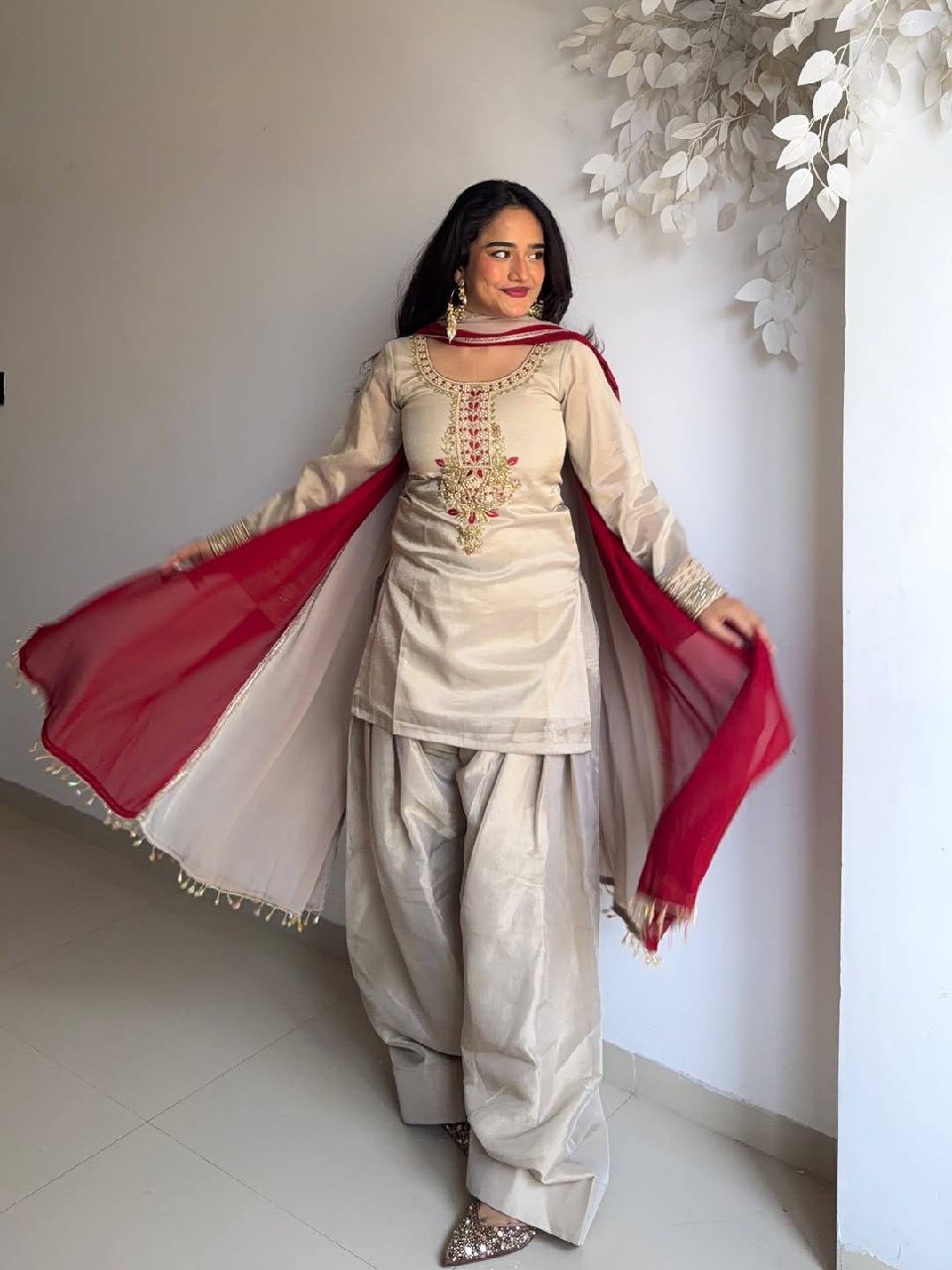 The Cinematic Cream & Ruby Salwar Set
